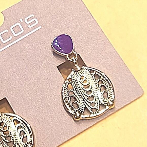 CHICO'S Gold Violet Purple Round Filigree Dangle Drop Post Earrings ~ NEW - Picture 4 of 5